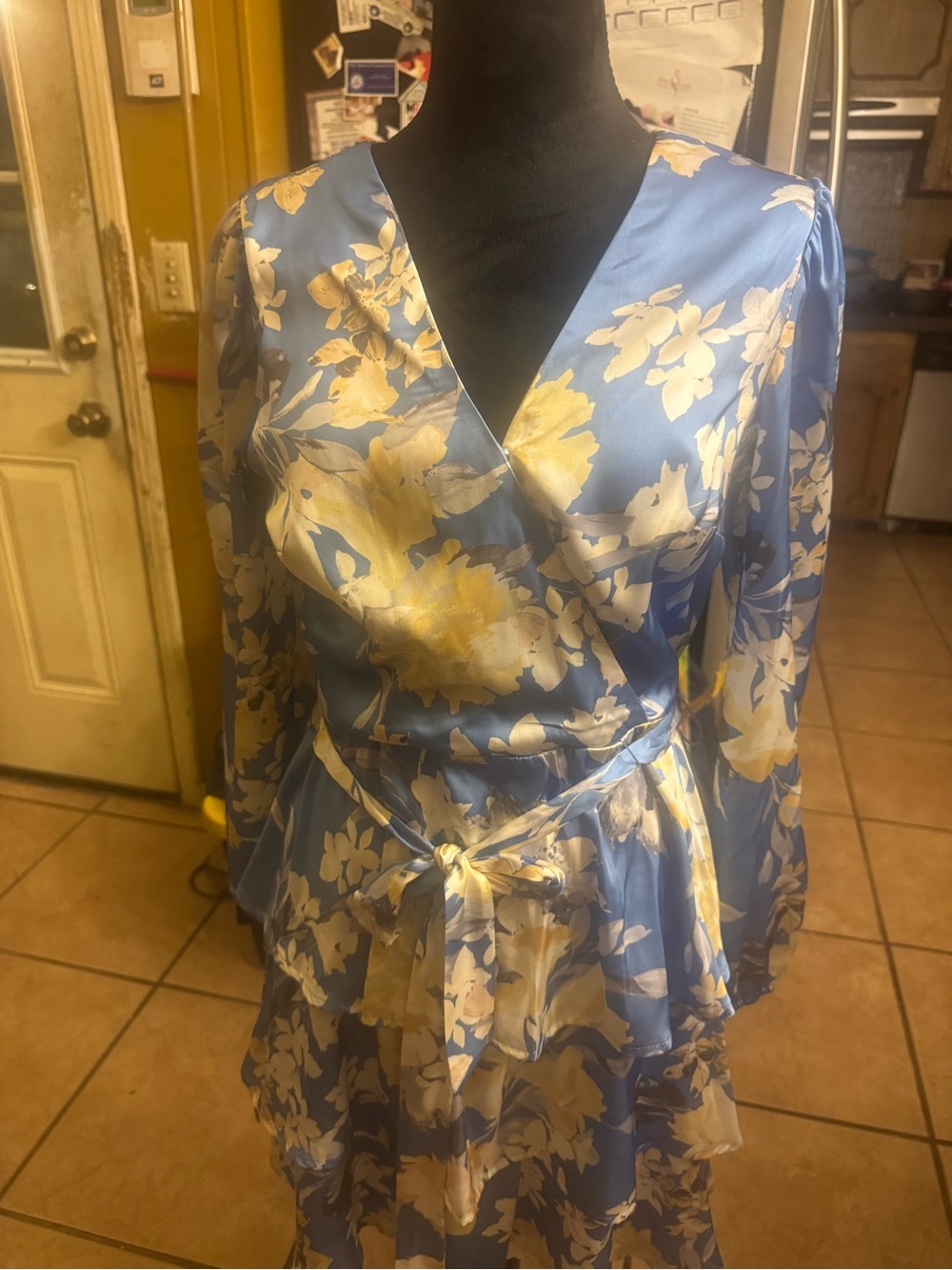 Nicole Miller Blue and Cream Floral Long-Sleeve Wrap Dress